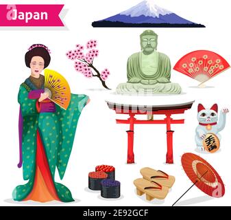 Japan touristischen Set mit Frau in Kimono fuji Glückliche Katze Und Symbole der Religionen isoliert Vektor Illustration Stock Vektor