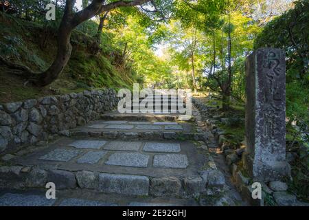 Steinpfad und Stufen führen durch die Bäume zum Adashino Nenbutsuji Tempel in Arashiyama, Kyoto, Japan Stockfoto