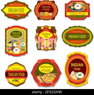 Indisches Essen farbenfrohe Embleme traditioneller scharfer und würziger Gerichte Mit Bohnen Gemüse Kräuter isoliert Vektor-Illustration Stock Vektor