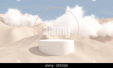3d Render abstrakte Plattform Podium auf Wasser und winkende Vorhänge. Realistisches Pastell-Modell für Produktwerbung. Abstrakter moderner minimalistischer Hintergrund mit leckigen Podium. Stockfoto