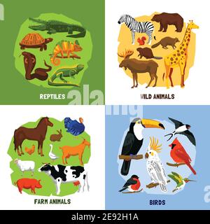 Cartoon 2x2 Zoo Bilder von Tieren Sets nach Reptilien gruppiert Vögel wild und Nutztiere Vektor-Illustration Stock Vektor