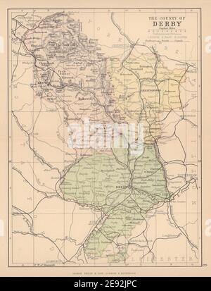 DERBYSHIRE. Antike County Karte. Eisenbahnkanäle. Wahlkreise. PHILIP 1885 Stockfoto