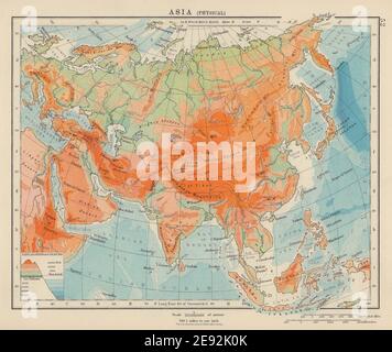 ASIEN PHYSISCH. Relief Berge Höhen Ozean Tiefen Flüsse. JOHNSTON 1910 Karte Stockfoto