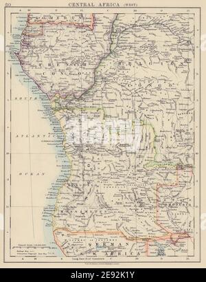 KOLONIALES ZENTRALAFRIKA. Französisch & Belgisch Kongo, Angola. JOHNSTON 1910 alte Karte Stockfoto