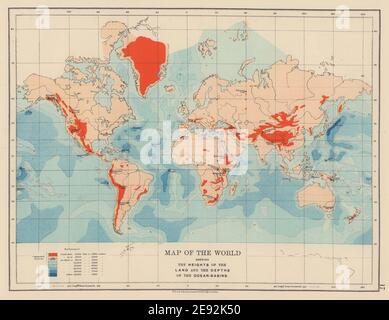 WELTWEITE ERLEICHTERUNG. Berghöhen. Tiefe des Ozeans. JOHNSTON 1901 alte antike Landkarte Stockfoto