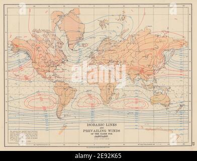 WELT isobarische Linien & vorherrschende Winde des Globus. Januar. JOHNSTON 1901 Karte Stockfoto