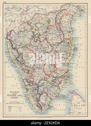 BRITISCHES INDIEN S. Coromandel & Malabar Küsten. Madras (Chennai) Mysore 1901 Karte Stockfoto