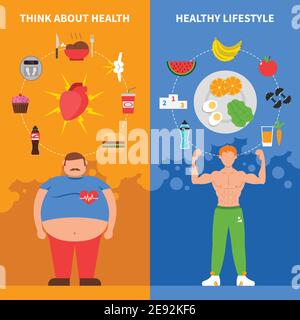 Diät vertikale flache Banner mit Fett Mann junge Sportler gesund Lifestyle-Symbole und Junk-Food-Set Vektor-Illustration Stock Vektor