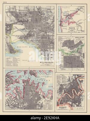 AUSTRALISCHE STÄDTE. Melbourne Sydney Perth Adelaide Brisbane. JOHNSTON 1901 Karte Stockfoto