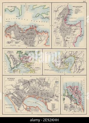 STÄDTE IN NEUSEELAND. Auckland Wellington Dunedin Otago Hafen. JOHNSTON 1901 Karte Stockfoto