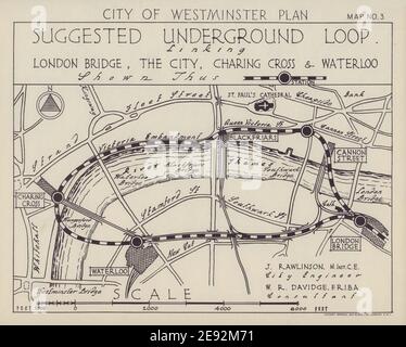 Vorgeschlagene Londoner U-Bahn-Schleife City Charing X Waterloo RAWLINSON 1946 Karte Stockfoto
