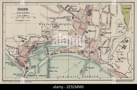 STADTPLAN VON DOVER. Kent 1920 alte antike Vintage Karte Stockfoto