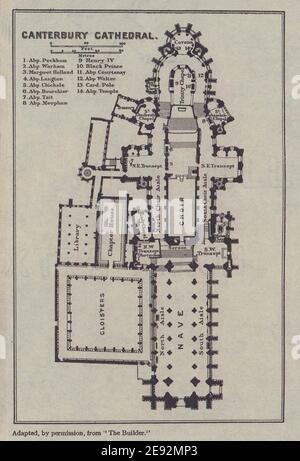 Canterbury Cathedral Grundriss im Erdgeschoss. Kent 1920 alte antike Kartenkarte Stockfoto