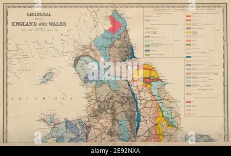 GEOLOGISCHES ENGLAND und WALES (Nordblatt) Antike Landkarte von GW BACON 1883 alt Stockfoto