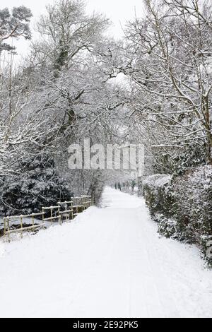 Schneebedeckte Straße nach Turweston, Northamptonshire. Stockfoto