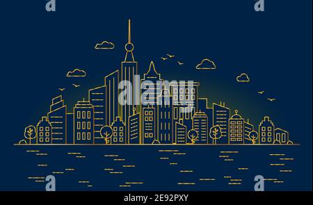 Dünne goldene Linien. Nacht große Stadt. Panorama Architektur Gebäude skizzieren. Urbanes Leben Vektor-Illustration. Stadtzentrum mit Wolkenkratzern am Wasser Stock Vektor