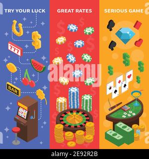 Casino drei isometrische vertikale Banner mit Tisch für Poker zu spielen Roulette und Slot Maschine Vektor Illustration Stock Vektor