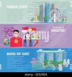 Singapur Kultur für Reisende 3 flache horizontale Banner mit gesetzt Finanz Business Center abstrakten Vektor isolierte Illustration Stock Vektor