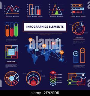 Infografik Elemente Poster mit Weltkarte in der Mitte und verschiedene Diagramme um auf blauem Hintergrund flache Vektordarstellung Stock Vektor