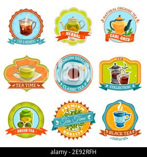 Flache Retro-Stil isoliert Embleme mit verschiedenen Arten von Tee Und Zubehör Vektorgrafik Stock Vektor