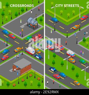 Straßenverkehr isometrische vertikale Banner Set mit Kreuzung Unterführung Bus Stop Fußgänger LKW und Autos Vektor-Illustration Stock Vektor