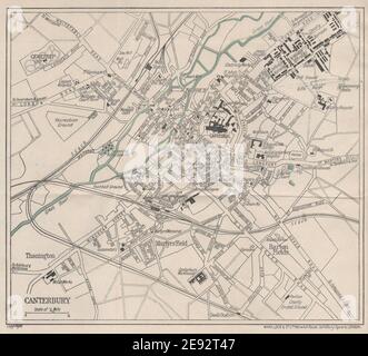 CANTERBURY Vintage Touristenstadt Stadtplan. Kent. STATIONSSCHLOSS 1924 alte Karte Stockfoto