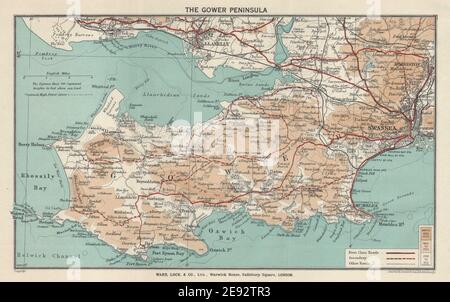 DIE GOWER HALBINSEL. Llanelli Swansea Mumbles. Wales. STATIONSSCHLOSS 1936 alte Karte Stockfoto