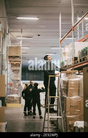 Männlicher Unternehmer, der auf einer Leiter steht, während er bei der Logistik Inventur nimmt Lager Stockfoto