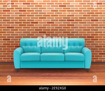 Moderne Innenwand Backstein Hausdekoration und Design-Ideen mit Lebendige türkisfarbene Ledersofa realistische Vektor-Illustration Stock Vektor