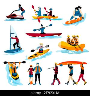 Extreme Wassersport flache Farbe Symbole mit Menschen in gesetzt Rafting Surfen Kanu Kajak Windsurfen isoliert Vektor Illustration Stock Vektor