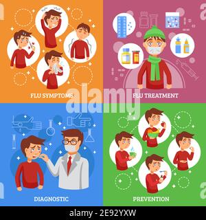 Grippe-Prävention Symptome Diagnose und Behandlung Konzept 4 flache Symbole Quadratische Infografik Elemente Poster abstrakte Vektor Illustration Stock Vektor