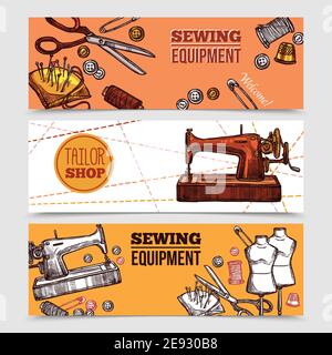 Vintage Nähbanner mit Schneiderwerkzeugen Schaufensterpuppen und Nähmaschine Vektorgrafik in handgezeichneter Form Stock Vektor