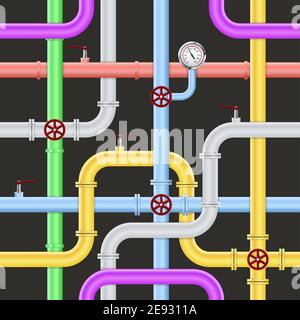Nahtlose abstrakte Industrie-Pipeline-Muster auf schwarzem Hintergrund mit bunten Rohre Armaturen und Sensoren Vektorgrafik Stock Vektor