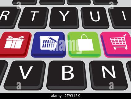 Online-Shopping-Konzept mit Tastatur-Tasten mit Shopping-Icons Stock Vektor