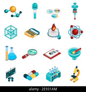 Science isometrische Symbole mit isolierten Symbolen für Chemie und Pharmazie vektorgrafik Stock Vektor