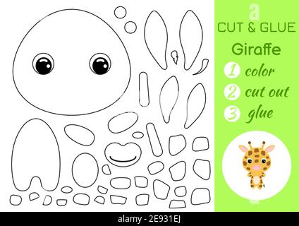 Malbuch schneiden und kleben Baby Giraffe. Pädagogische Papier Spiel für Vorschulkinder. Arbeitsblatt ausschneiden und einfügen. Farbe, Schnittteile und Kleber auf Papier. Stock Vektor
