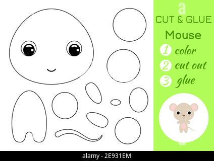 Malbuch geschnitten und kleben Baby-Maus. Pädagogische Papier Spiel für Vorschulkinder. Arbeitsblatt ausschneiden und einfügen. Farbe, Schnittteile und Kleber auf Papier. Stock Vektor