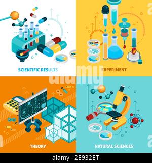 Science Concept Symbole mit Experiment und Ergebnisse Symbole isometrisch gesetzt Isolierte Vektordarstellung Stock Vektor