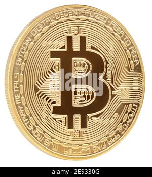 Digitale Kryptowährung Golden Bitcoin (BTC) isoliert auf weißem Hintergrund mit Beschneidungspfad Stockfoto