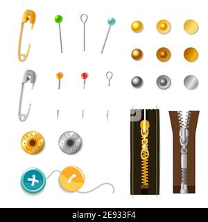 Metall-Zubehör-Set mit farbigen Sicherheitsnadeln Schnallen und Reißverschlüssen Isolierte Vektordarstellung Stock Vektor