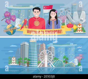 Willkommen in singapur 2 flache Banner Poster mit Marina Bay Und Business District abstrakten Vektor isolierte Illustration Stock Vektor