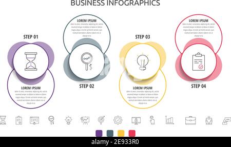 Vektor-Infografiken Kreise mit 4 Schritten, Beschriftungen. Liniendiagramm. Zeitachse für Diagramm, Web, Banner, Workflow-Layout, Präsentationen, flussdiagramm Stock Vektor