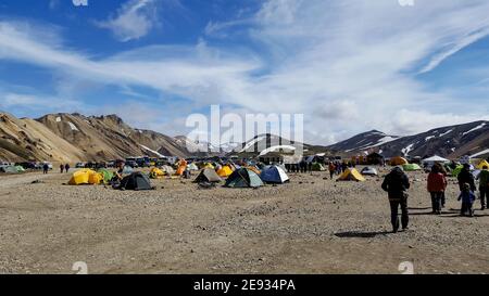 Reise nach Island. Brennisteinsalda Camping. Touristeninformationszentrum Landmannalaugar. Stockfoto