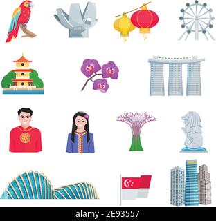 Singapur Touristen Attraktionen mit nationalen kulturellen Symbolen und Wahrzeichen flach Symbole setzen abstrakte Vektor isolierte Illustration Stock Vektor