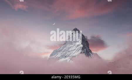 Blick auf das majestätische Matterhorn mit Halbmond Die Abendstimmung Stockfoto