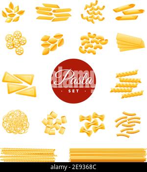 Italienische traditionelle Küche trockene Pasta Sorten Ikonen Sammlung von Spaghetti Macaroni und Penne realistische isolierte Vektor-Illustration Stock Vektor