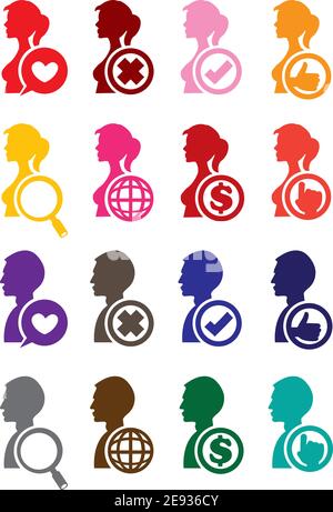 Runde Web-Icons und konzeptionelle Symbole auf der Seitenansicht von Mann und Frau Silhouette isoliert auf weißem Hintergrund. Stock Vektor