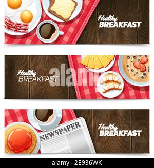 Gesundes Frühstück 3 horizontale Banner Set mit schwarzem Kaffee und Spiegeleier auf dunklem Holztisch Vektorgrafik Stock Vektor