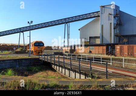 Eine Lokomotive, eine KiwiRail DL-Klasse Diesel-elektrisch, auf einem Bahngleis in einem Industriegebiet. Mount Maunganui, Neuseeland Stockfoto