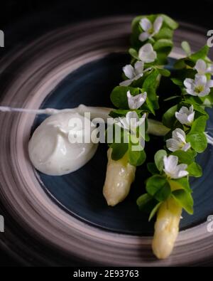 Gericht gekochten weißen Spargel plattiert und mit Weiß dekoriert Blumen und Sahne auf der Seite in einem Restaurant Stockfoto